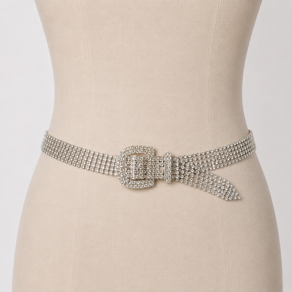 Vintage Rhinestone Crystal Wide Mesh Chain Belt Women One Size Silver Glam Y2K